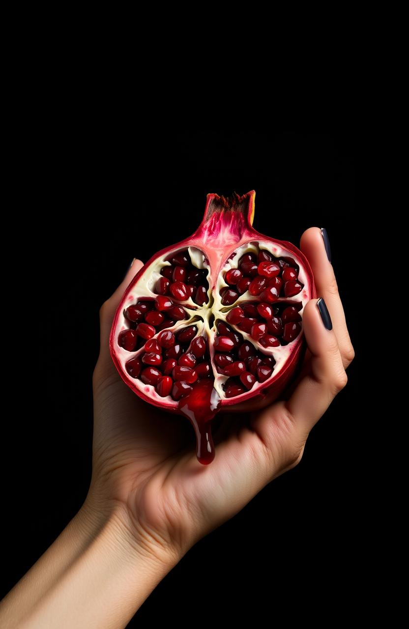 A highly realistic and detailed image of a female hand holding a split open pomegranate, with juice rolling down her fingers