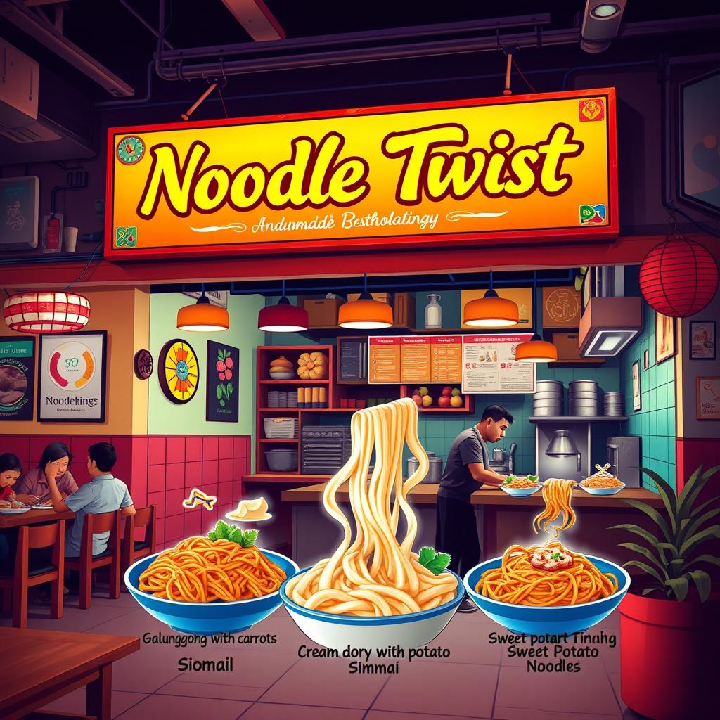 A vibrant restaurant scene showcasing the signboard of a business named 'Noodle Twists'