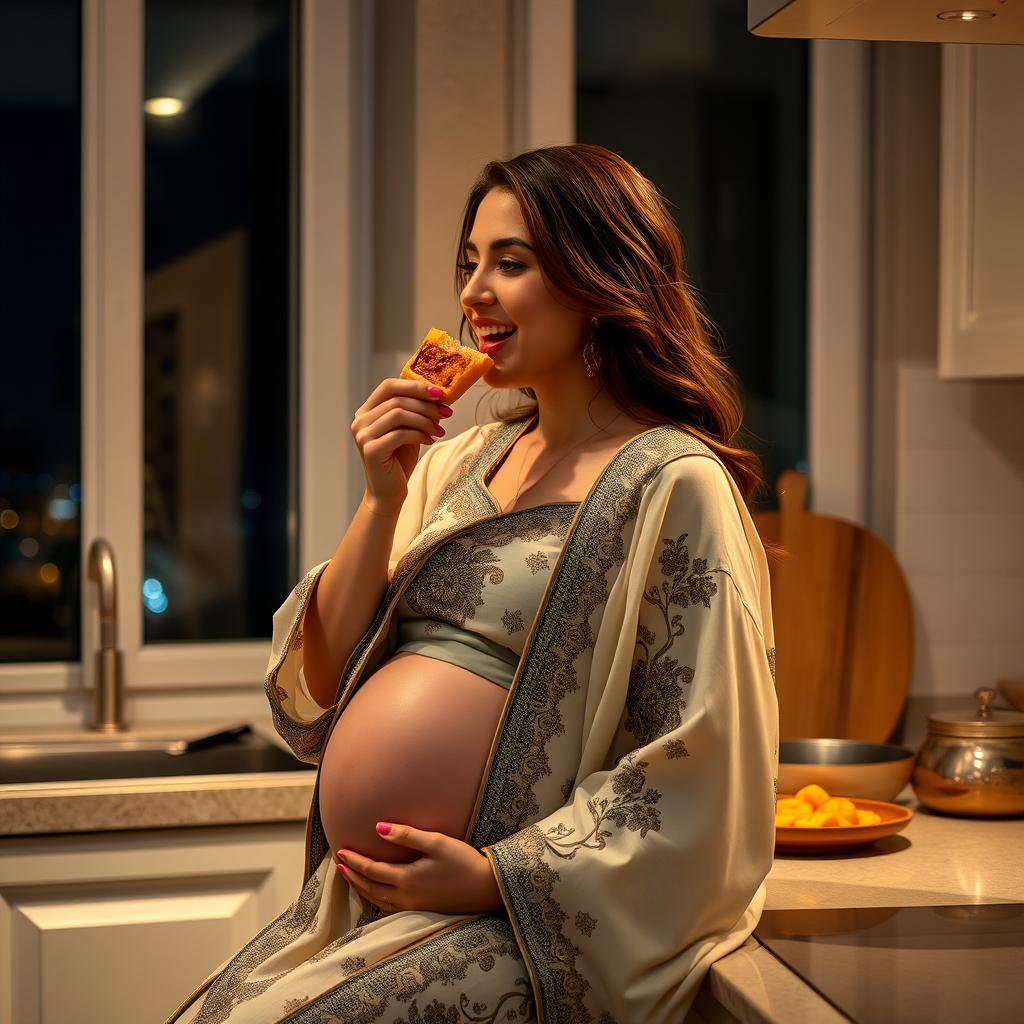 A beautifully lit scene in a cozy kitchen at midnight, featuring a radiant Iranian lady who is visibly pregnant, sitting gracefully on a kitchen counter