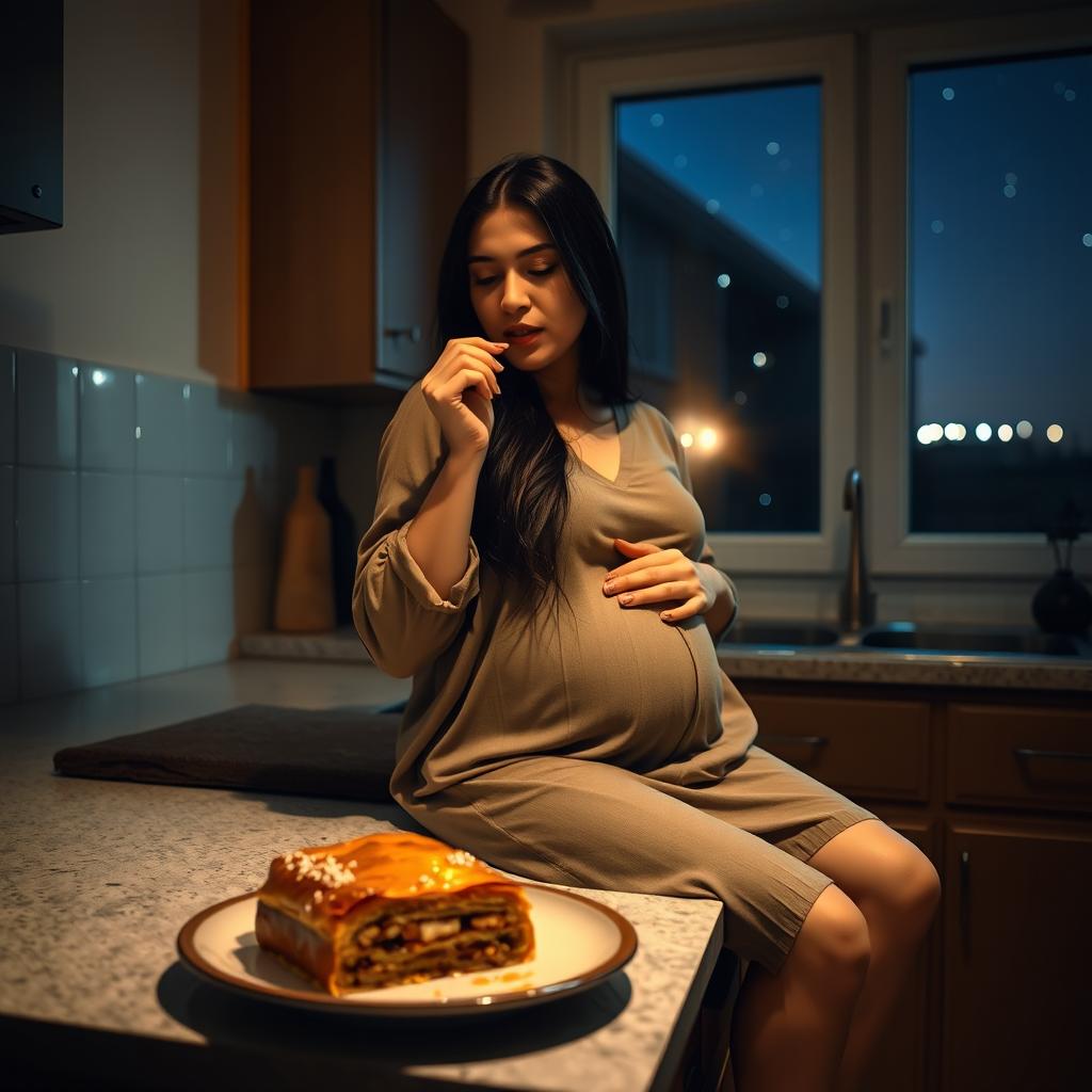 A pregnant Iranian woman sitting on a kitchen counter late at night, taking a bite of delicious baklava