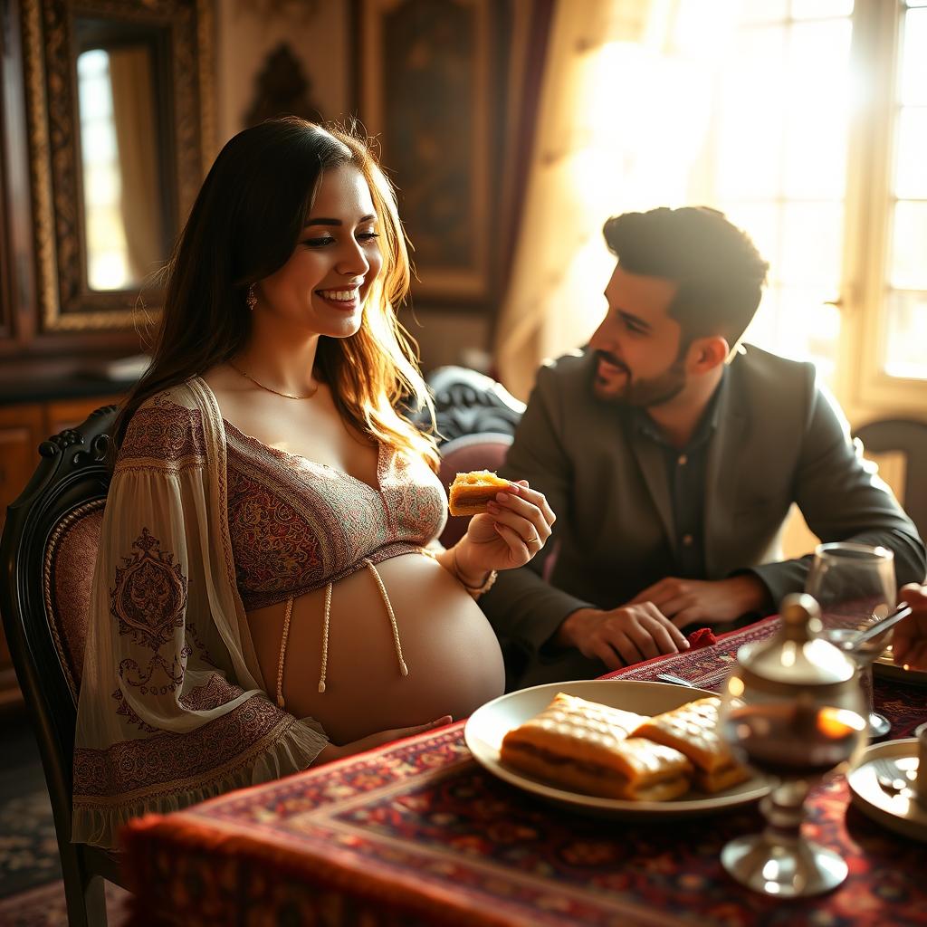 A beautiful Iranian pregnant woman sitting gracefully at a dining table, enjoying a piece of delicious baklava