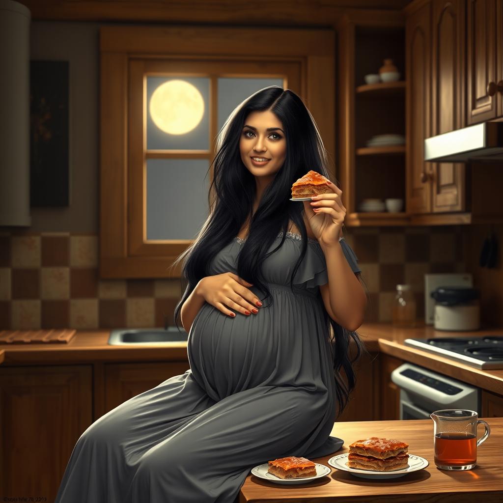 A beautiful Persian lady with long, flowing black hair, wearing a comfortable and elegant nightgown, sitting gracefully on a kitchen counter in the middle of the night
