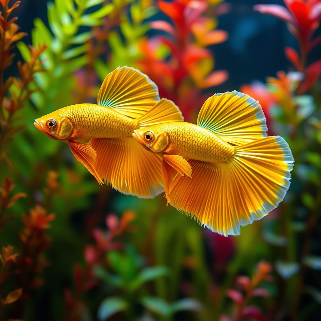 A captivating image of two gold metal body Betta fish showcasing their vibrant, shimmering scales