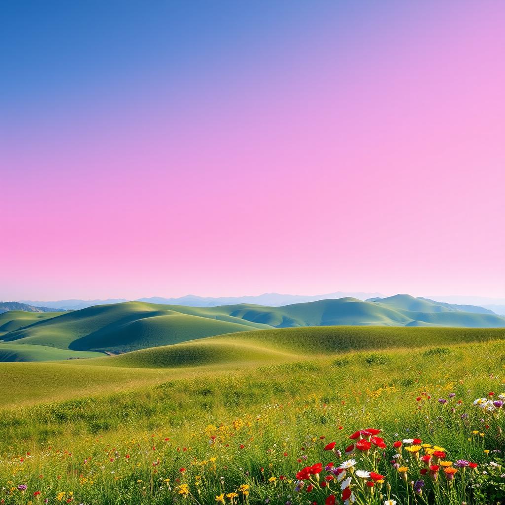An image of a serene landscape featuring gently rolling hills, clear blue skies, and a vibrant meadow with colorful flowers, now with a striking red background to enhance the overall composition