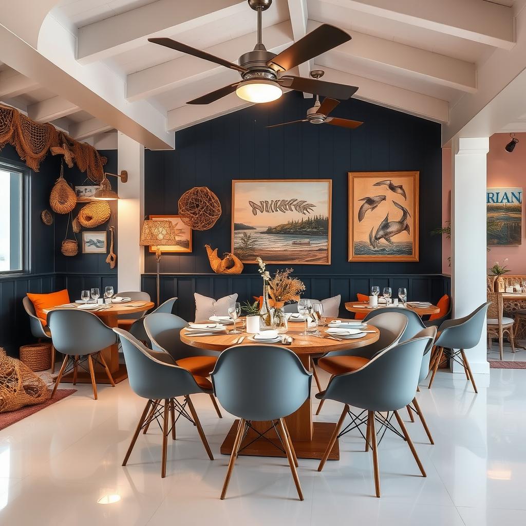 A cozy coastal dining space that exudes an inviting atmosphere through rich, warm shades of navy blue, ochre, and clay pink