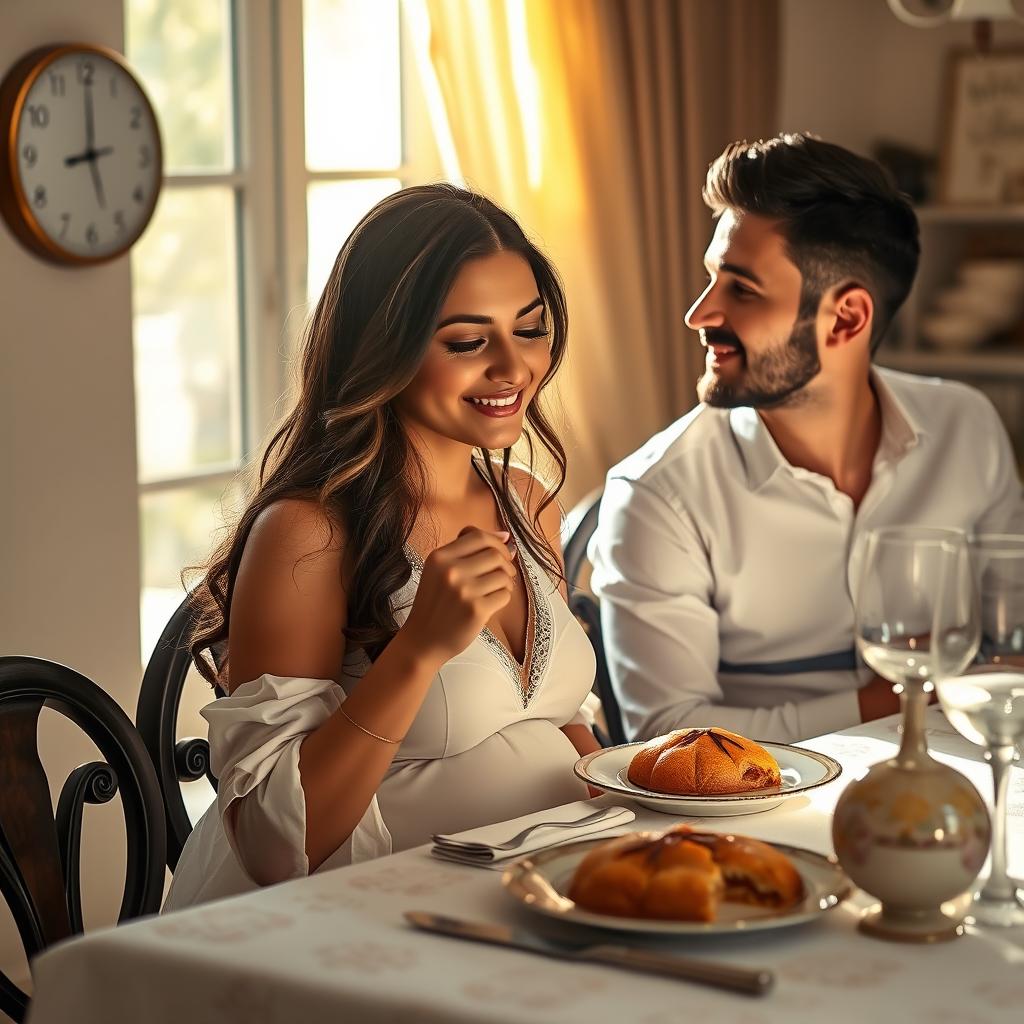 A beautiful Iranian pregnant woman sitting at a elegantly set dining table, enjoying a piece of baklava