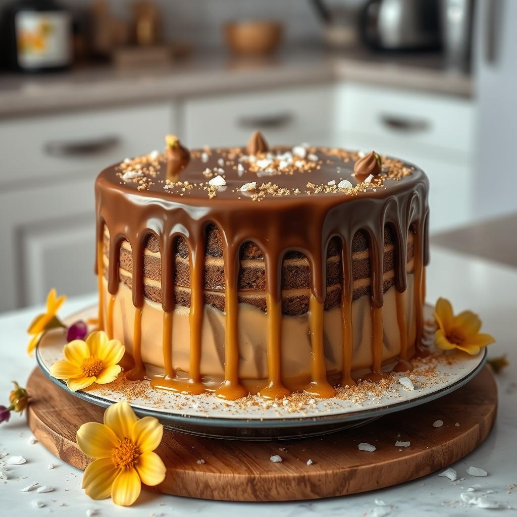 A beautifully presented delicious salted caramel chocolate coffee cake adorned with shimmering gold glitter