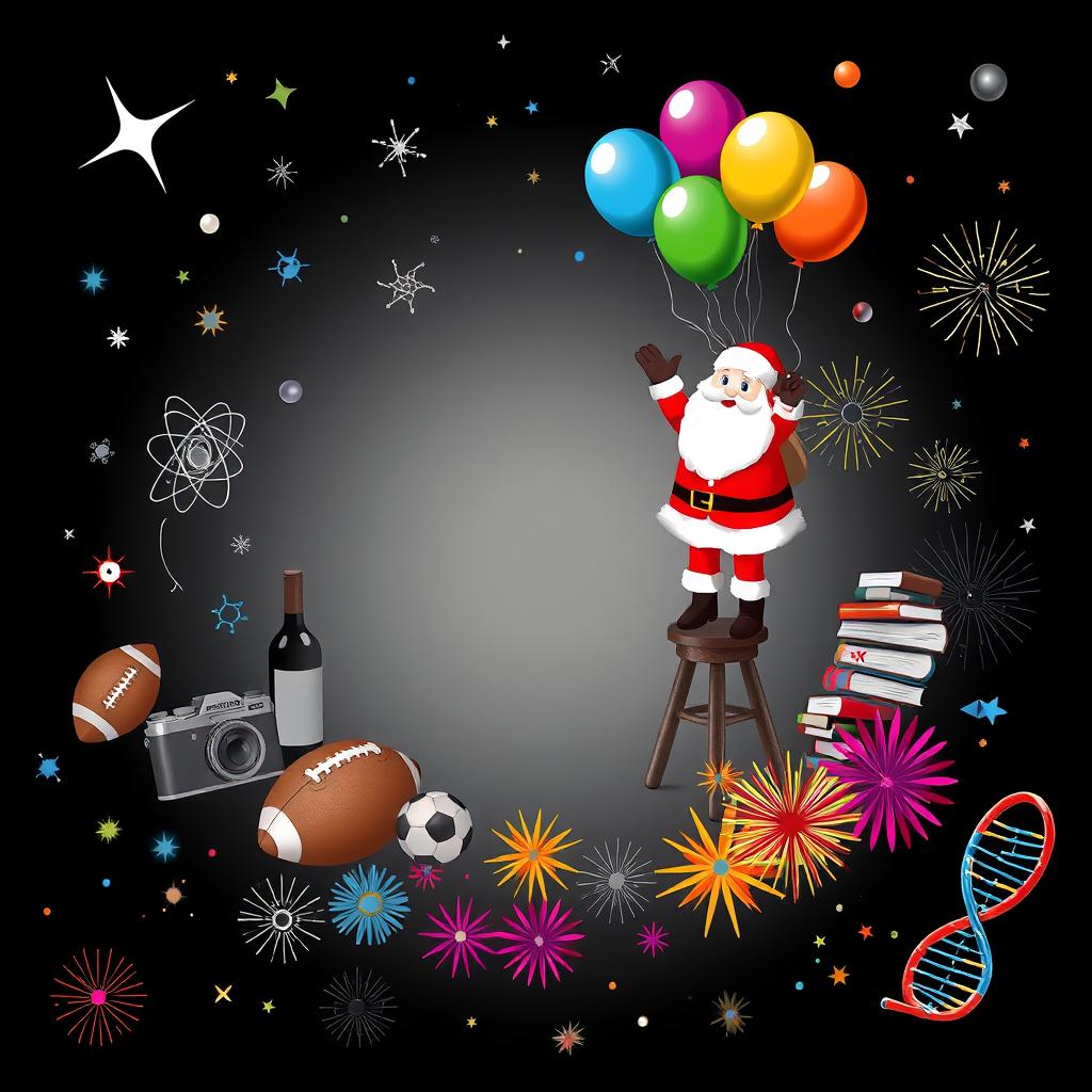 A black and gray background with an empty center, surrounded by various whimsical elements: stars twinkling in the distance, electrons swirling around, photons radiating light, a classic camera capturing the scene, a bottle of wine elegantly placed, a football resting nearby, a stool with colorful balloons floating above it, a cheerful Santa Claus waving, a stack of books arranged creatively, explosive bursts of colors scattered throughout, and a DNA helix gracefully intertwining