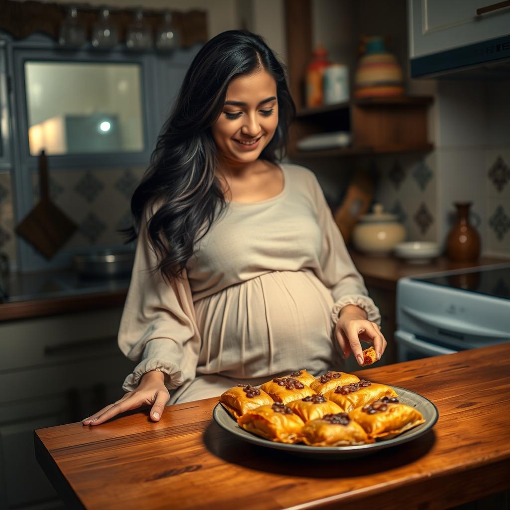 A serene scene in a cozy kitchen at midnight, highlighting a pregnant Iranian woman with a peaceful expression