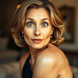 A beautiful 50-year-old woman, directly facing the camera with an expression of surprise