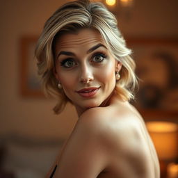 A beautiful 50-year-old woman, directly facing the camera with an expression of surprise