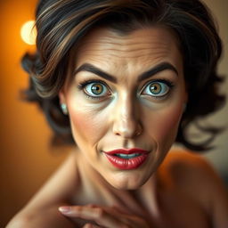 A beautiful 50-year-old woman, directly facing the camera with an expression of surprise