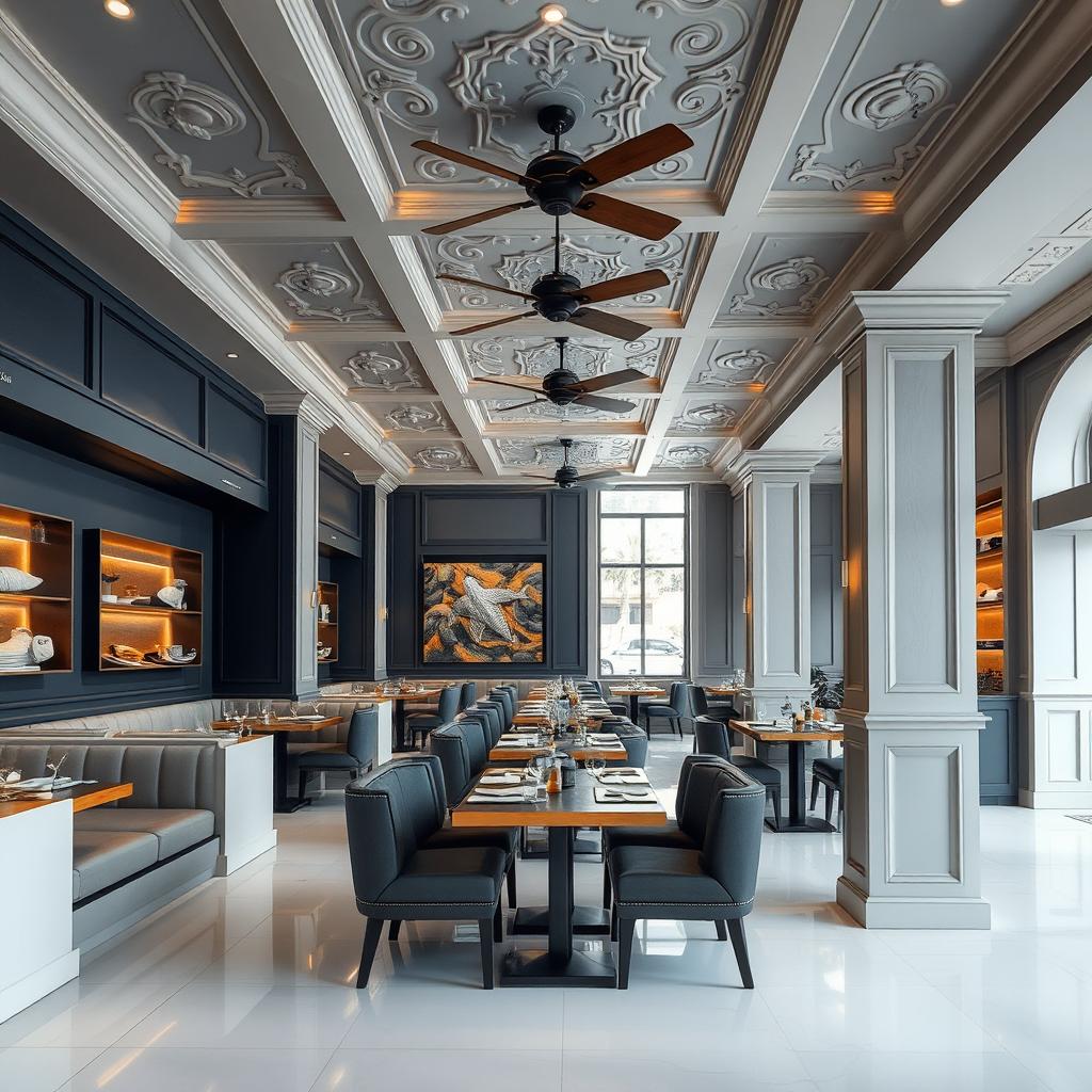 A cozy and elegant seafood restaurant interior featuring tables with comfortable sofas lined up along the walls