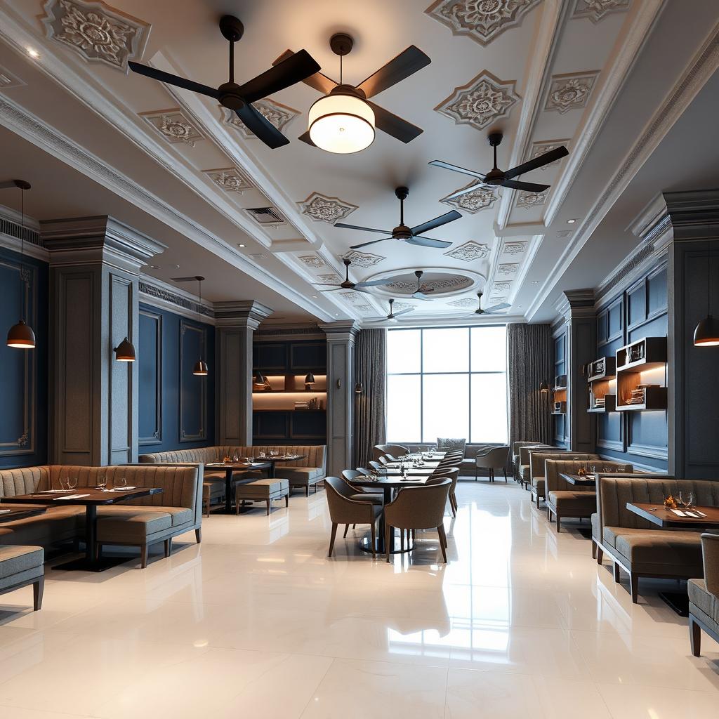An elegant restaurant interior featuring tables paired with plush sofas lined up along the walls