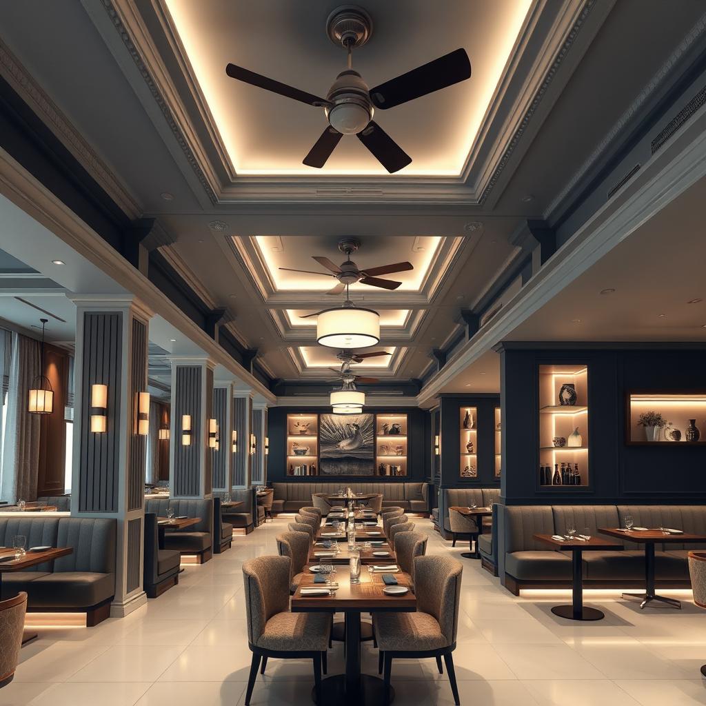 A sophisticated seafood restaurant interior showcasing an arrangement of tables paired with plush sofas lined against the walls