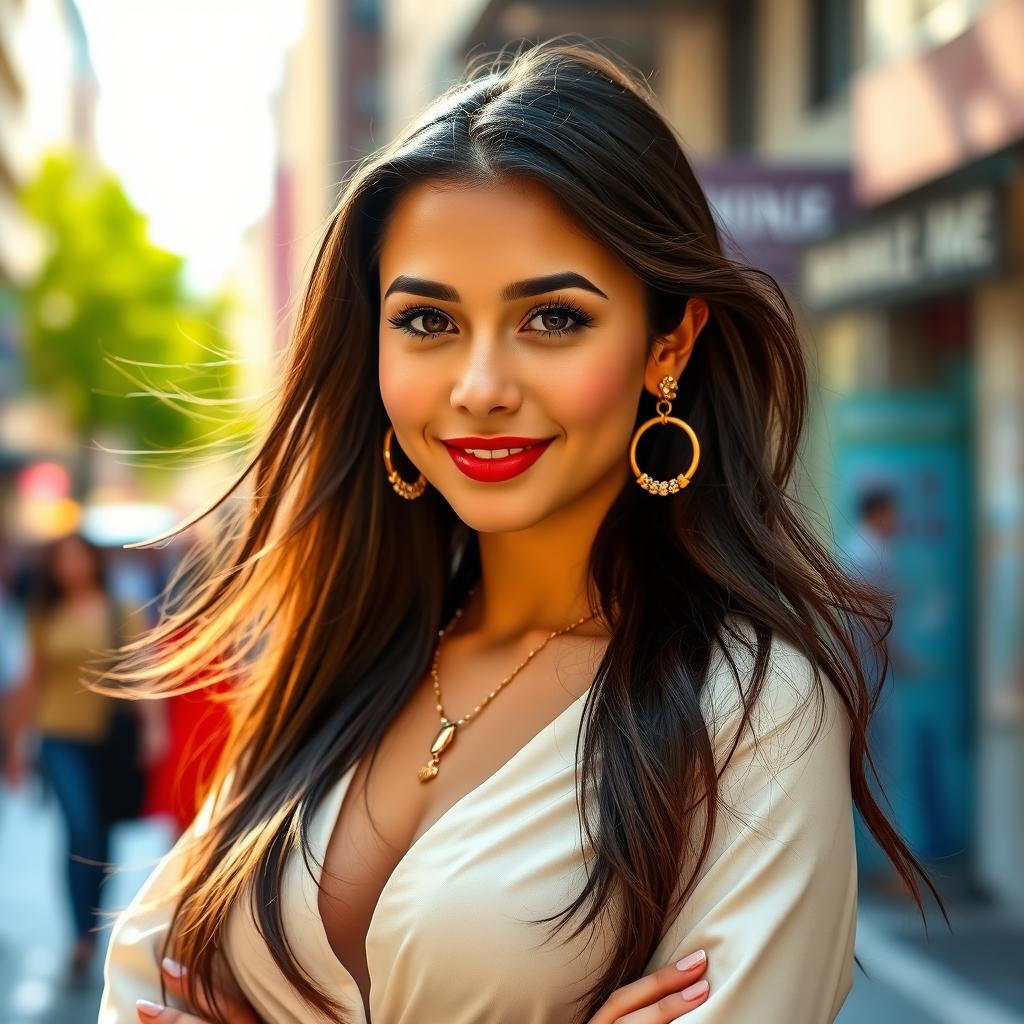 A beautiful young woman with long flowing hair, wearing a stylish outfit that combines elegance and modern fashion trends