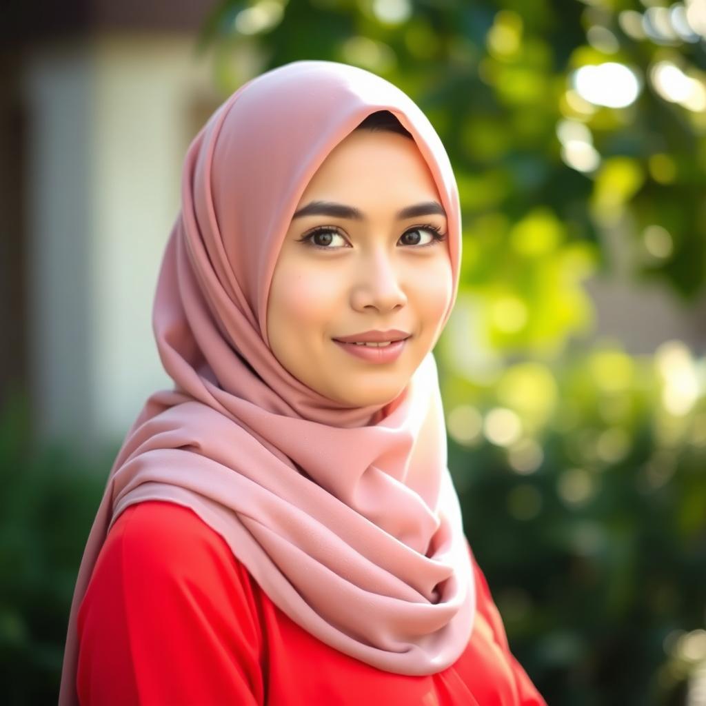 A young woman wearing a beautifully styled hijab that fully covers her hair