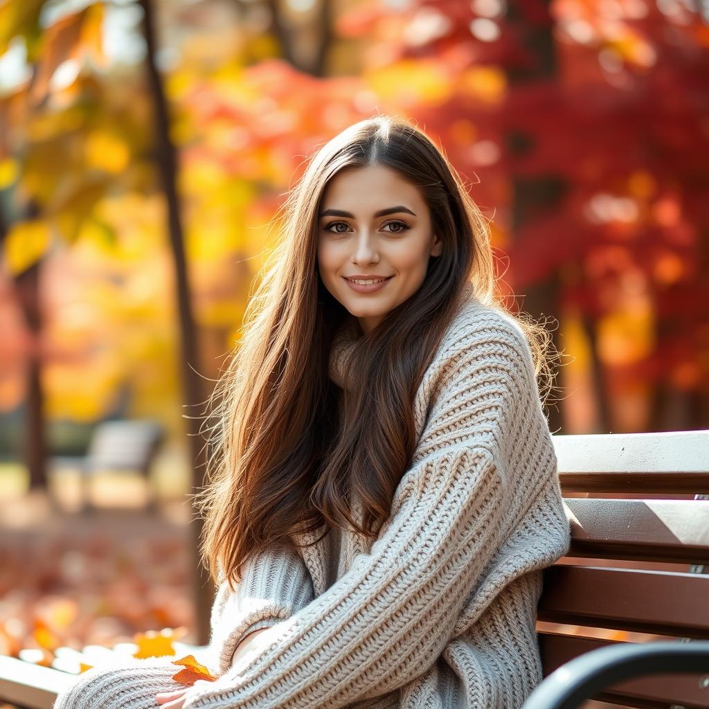 A beautiful young woman with long flowing brunette hair, sitting elegantly on a park bench surrounded by vibrant autumn leaves