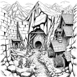 A detailed black and white illustration of a fortified dwarven mining village nestled in the mountains