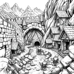 A detailed black and white illustration of a fortified dwarven mining village nestled in the mountains