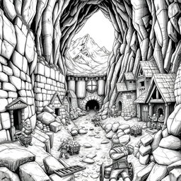 A detailed black and white illustration of a fortified dwarven mining village nestled in the mountains
