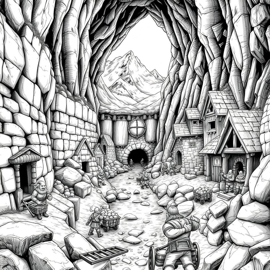 A detailed black and white illustration of a fortified dwarven mining village nestled in the mountains