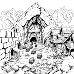 A detailed black and white illustration of a fortified dwarven mining village nestled in the mountains
