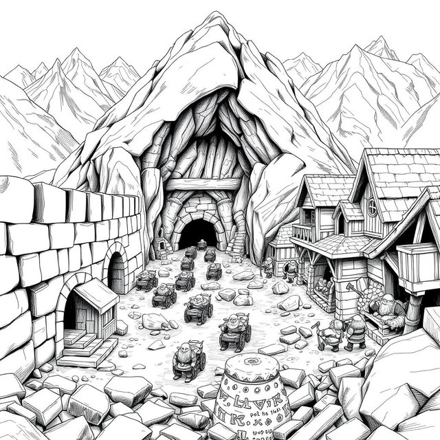 A detailed black and white illustration of a fortified dwarven mining village nestled in the mountains