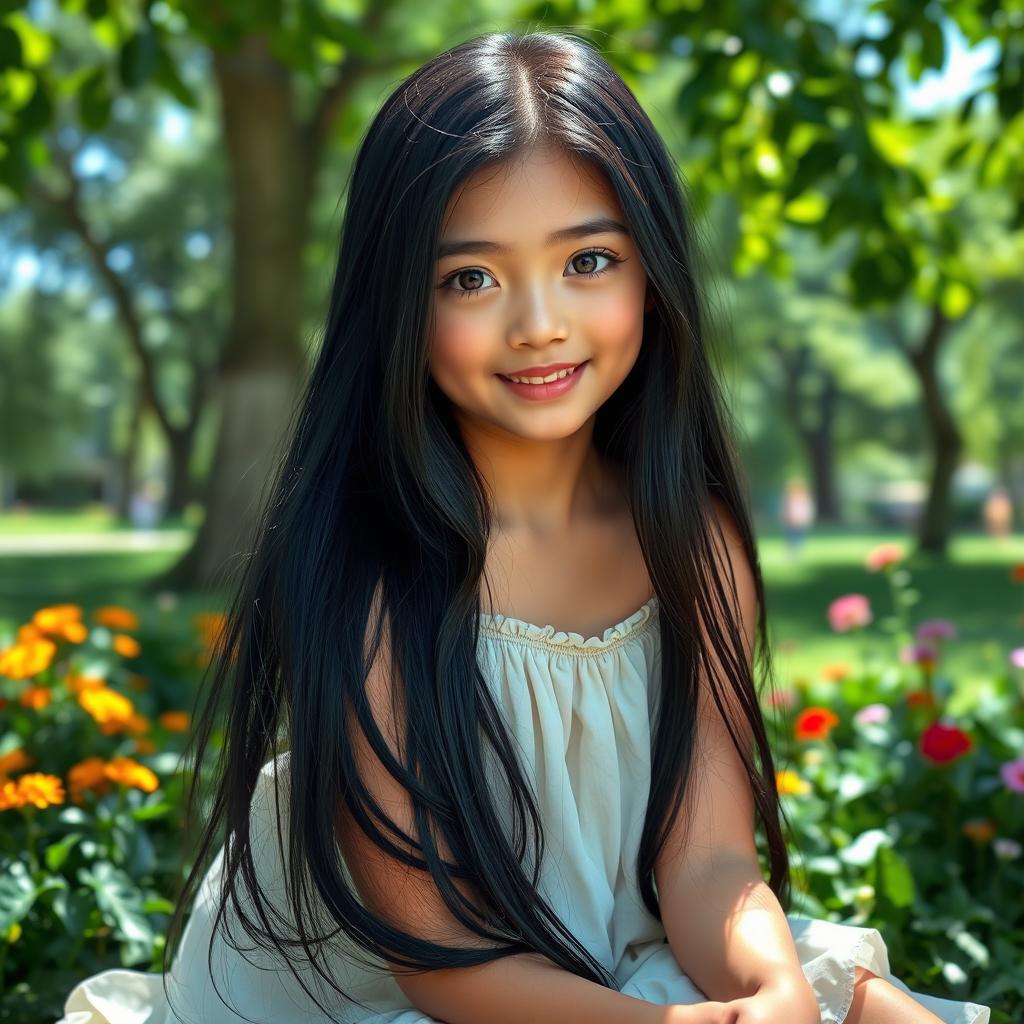 A girl with long, flowing black hair, sitting outdoors in a serene park setting, surrounded by lush greenery and colorful flowers