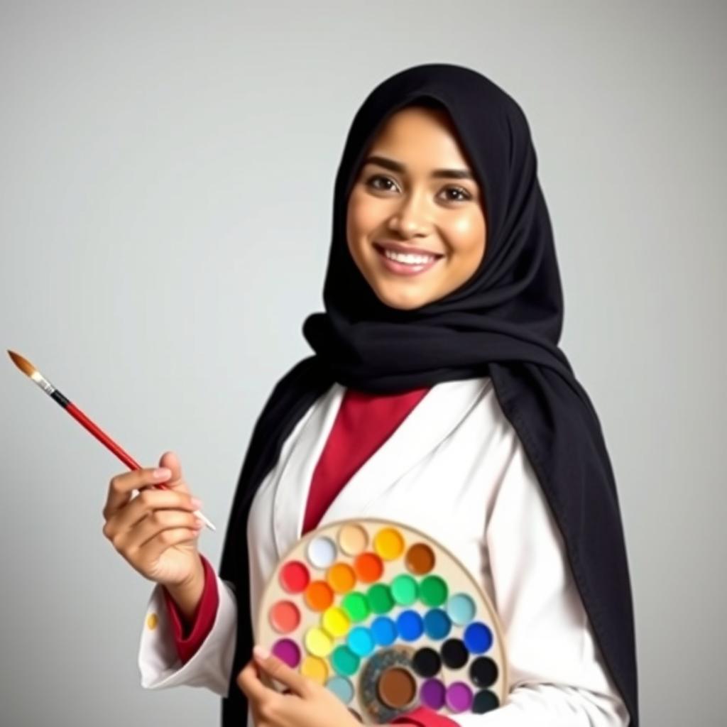 A beautiful young female artist wearing a hijab, holding a paintbrush in one hand and a color palette in the other