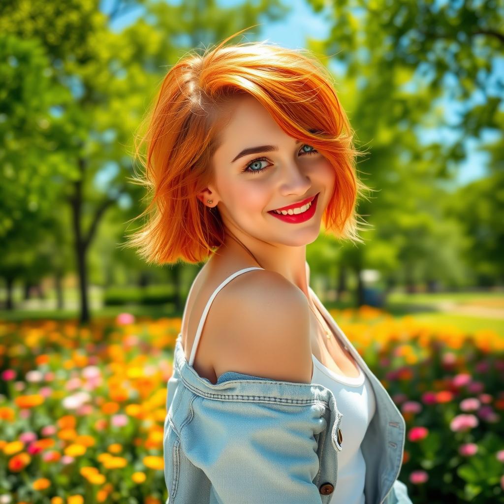 A young woman with short, vibrant orange hair styled in a playful and carefree manner