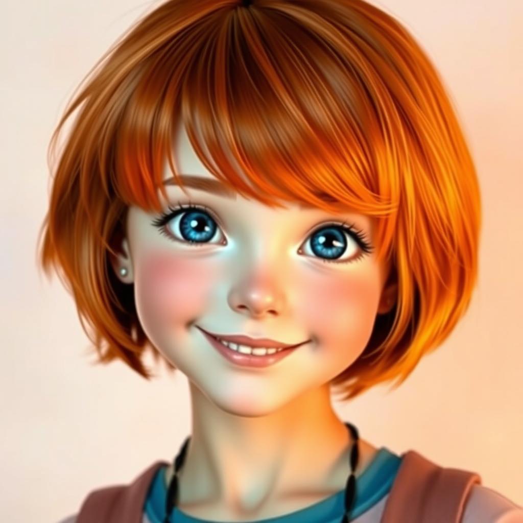 A girl with short, vibrant orange hair styled in a chic bob, captivating blue eyes that stand out beautifully