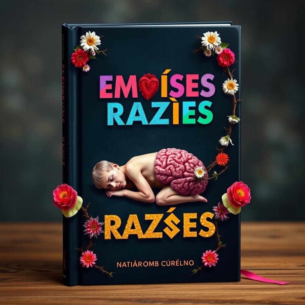 A captivating book cover design featuring the phrase 'EMOÇÕES E RAZÕES' in colorful and artistic typography