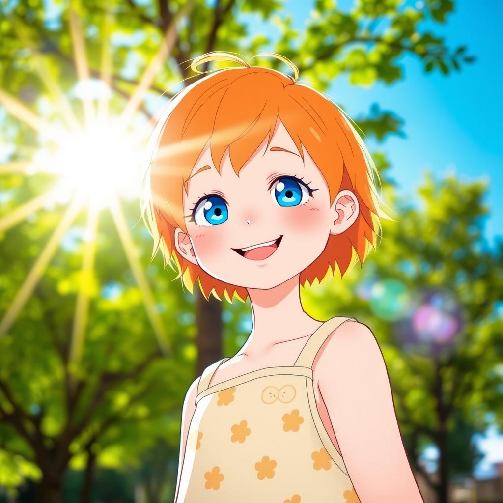 A vibrant girl with short orange hair and bright blue eyes, standing in a sunlit outdoor setting