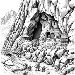 A striking black and white drawing of a fortified dwarven village precariously clinging to the side of a mountain