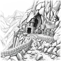 A striking black and white drawing of a fortified dwarven village precariously clinging to the side of a mountain