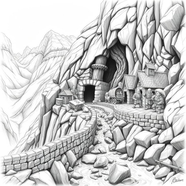 A striking black and white drawing of a fortified dwarven village precariously clinging to the side of a mountain