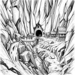 A striking black and white drawing of a fortified dwarven village precariously clinging to the side of a mountain