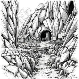 A striking black and white drawing of a fortified dwarven village precariously clinging to the side of a mountain