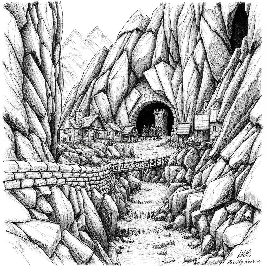 A striking black and white drawing of a fortified dwarven village precariously clinging to the side of a mountain