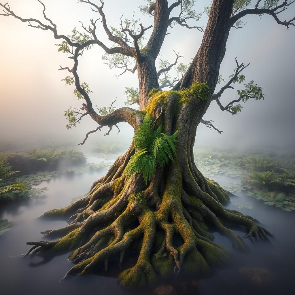 A magnificent bog tree rising in the center of a misty, serene bog landscape, its gnarled roots tangled in soft moss and surrounded by lush, green ferns