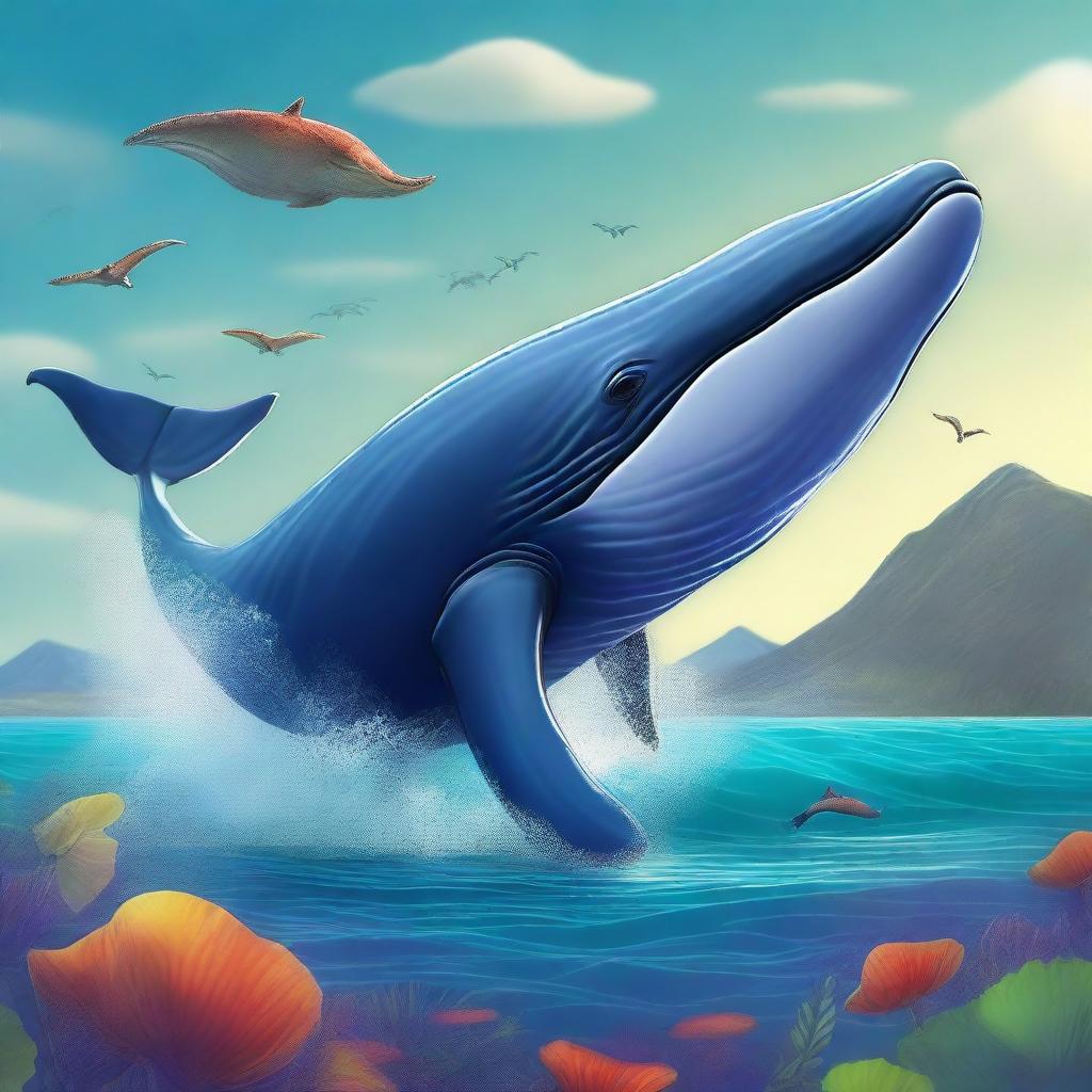 A high-quality digital art piece that beautifully blends a majestic whale with a formidable dinosaur