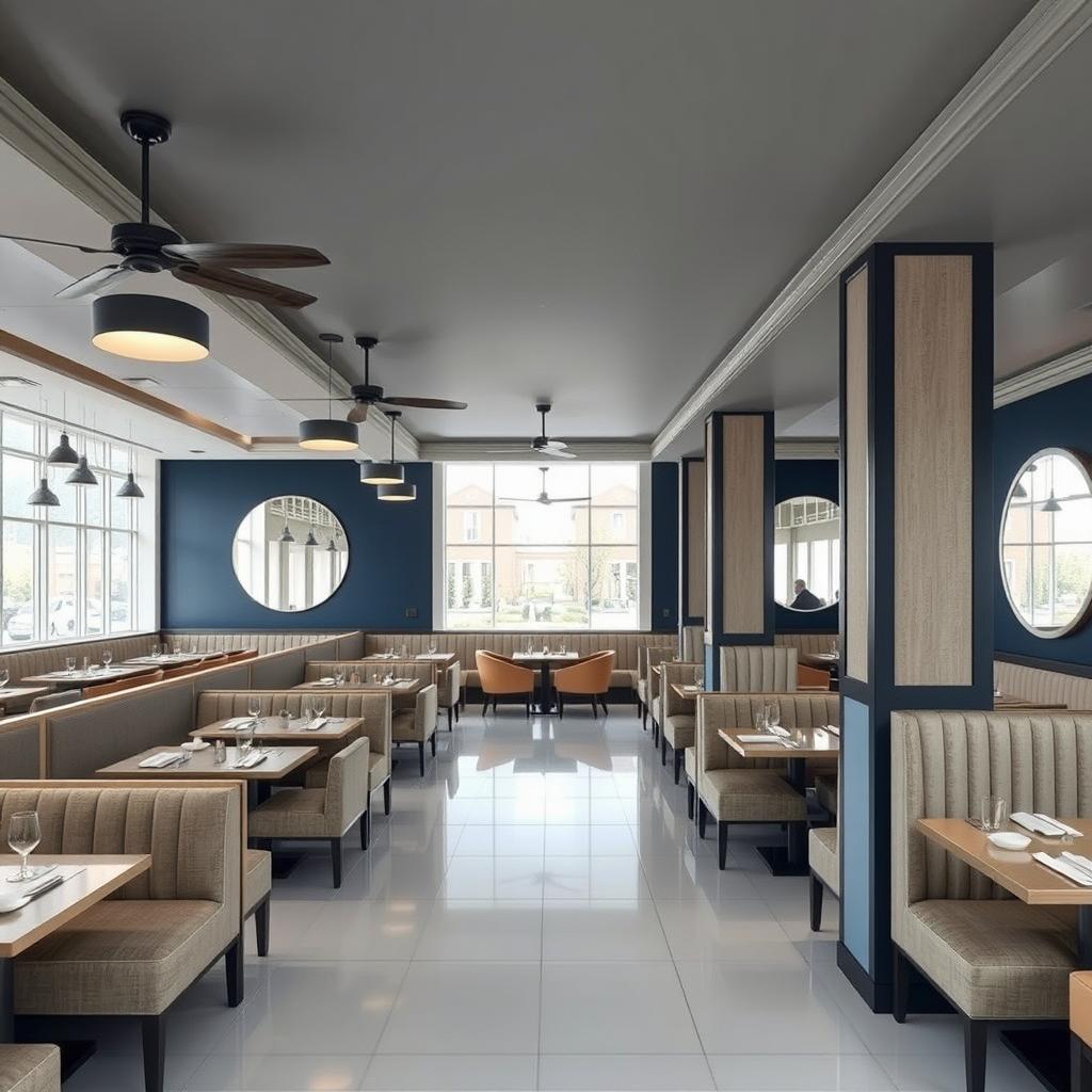 An elegant seafood restaurant interior featuring an arrangement of tables with plush sofas lined against the walls