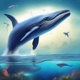 A high-quality digital art piece that beautifully blends a majestic whale with a formidable dinosaur