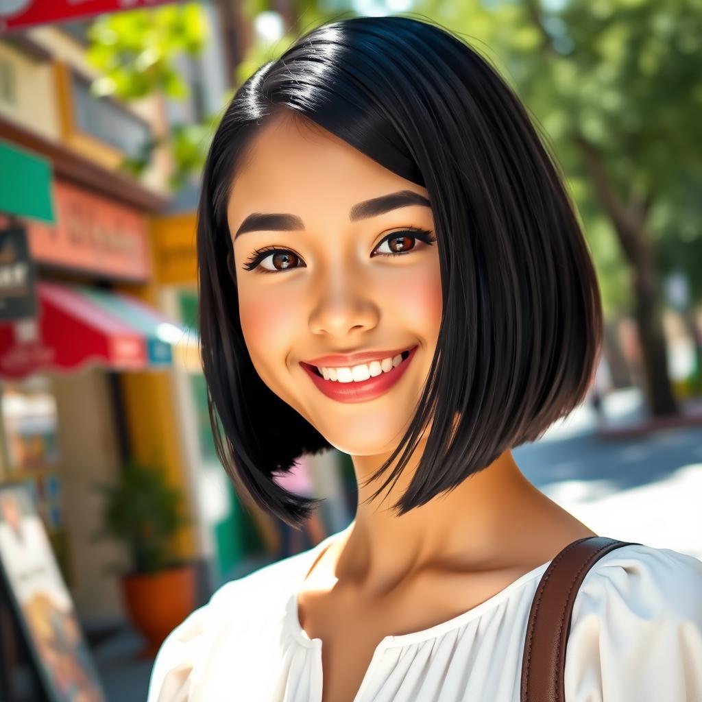 A girl with short black hair, styled in a chic and modern bob, wearing a stylish white blouse