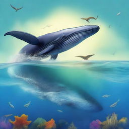 A high-quality digital art piece that beautifully blends a majestic whale with a formidable dinosaur