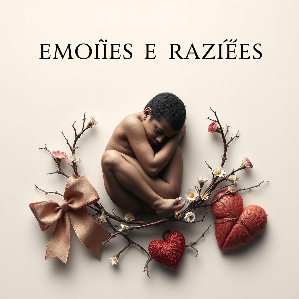 An artistic image featuring the phrase 'EMOÇÕES E RAZÕES' elegantly displayed in neutral colors
