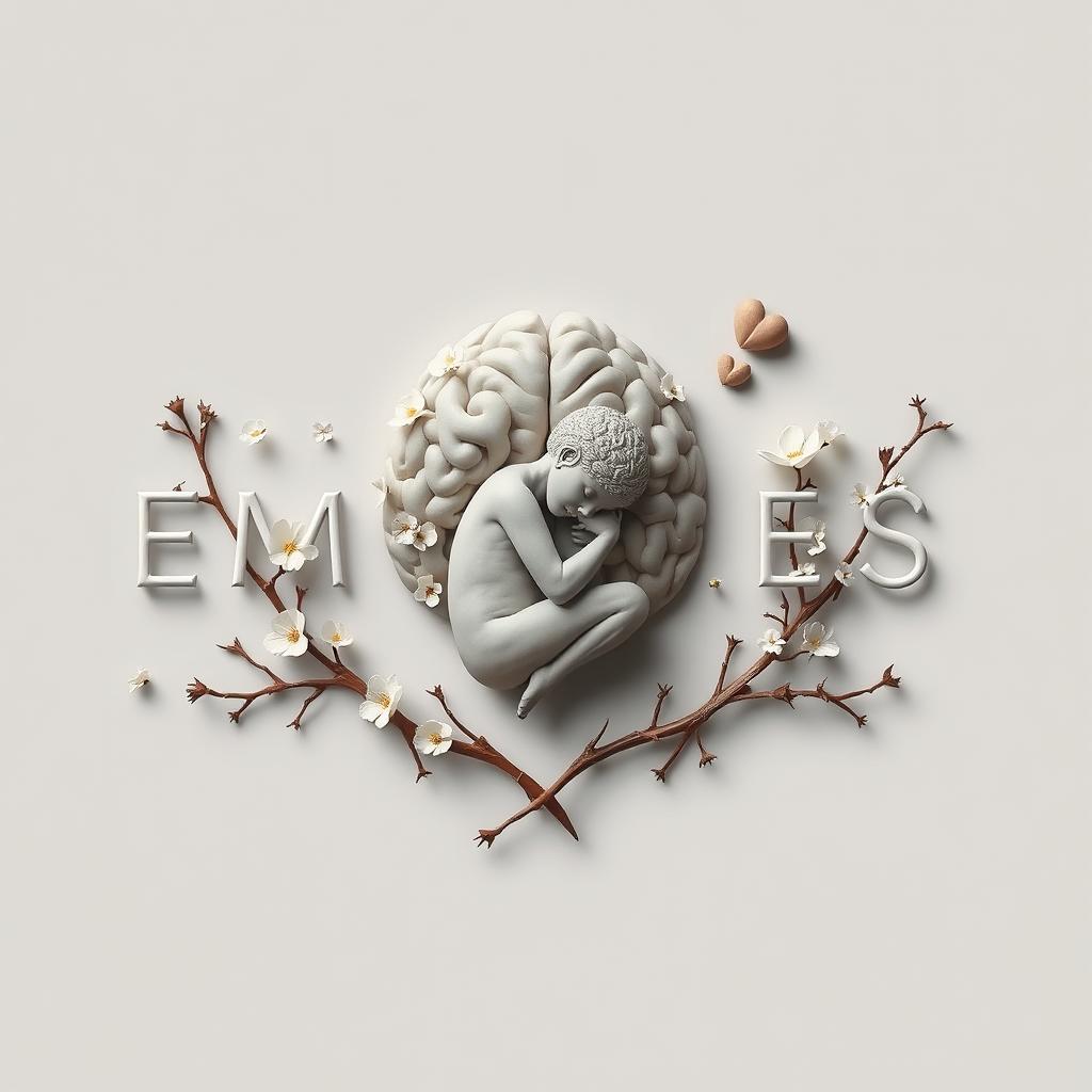 An artistic image featuring the phrase 'EMOÇÕES E RAZÕES' beautifully displayed in neutral colors that convey calmness and reflection