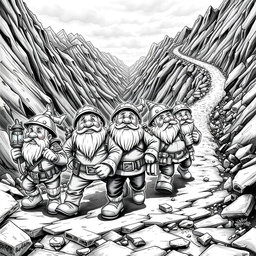 A vibrant black and white drawing depicting a group of enthusiastic dwarf miners setting out on a gold rush adventure along a rugged mountain road