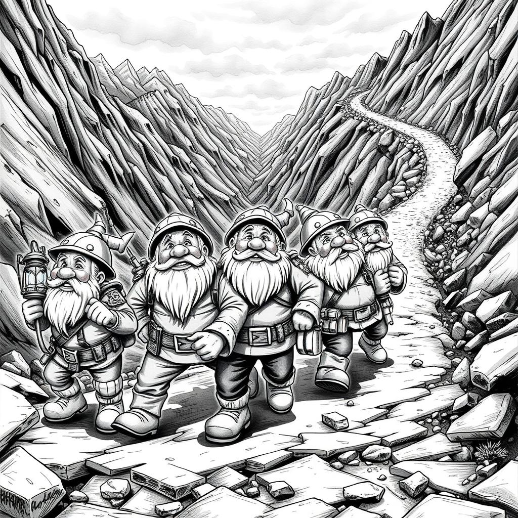 A vibrant black and white drawing depicting a group of enthusiastic dwarf miners setting out on a gold rush adventure along a rugged mountain road